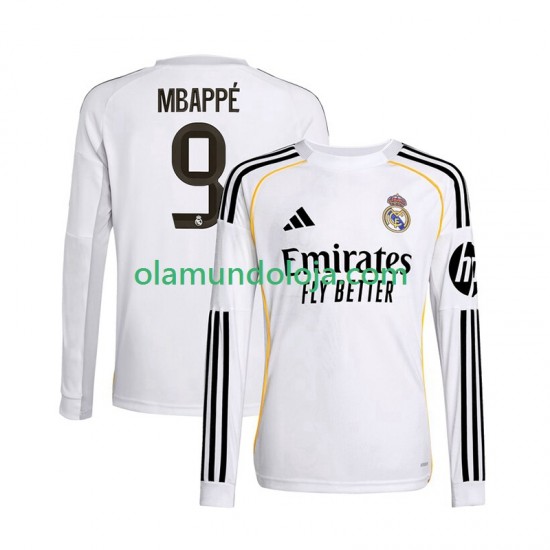Camisola Real Madrid Mbappé Kylian 9 Homem Equipamento Primeiro 2025-2026 Manga Comprida